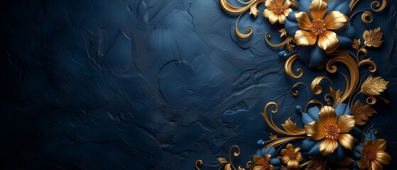 blue background with golden swirl and flowers and place for text