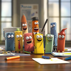 A group of lively office supplies having a board meeting, featuring a pen as the CEO and a notepad as the secretary. - obrazy, fototapety, plakaty