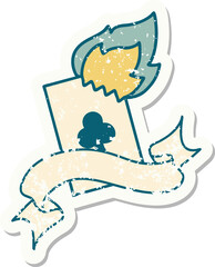grunge sticker with banner of a flaming card