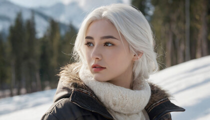 Young Blonde Woman in Winter Coat and Scarf: Snowy Landscape with Long White Hair and Emotional Expressions