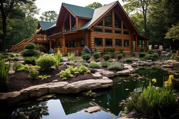 Fototapeta na wymiar Harmonious Log House Embraced by Lush Greenery, Flowing Waters, and Serene Landscapes