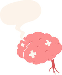 cartoon injured brain and speech bubble in retro style