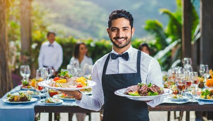 Waiter carrying plates with meat dish on some festive event, party or wedding reception restaurant.