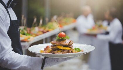 Waiter carrying plates with meat dish on some festive event, party or wedding reception restaurant.