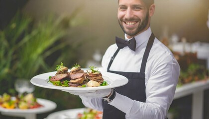 Waiter carrying plates with meat dish on some festive event, party or wedding reception restaurant.