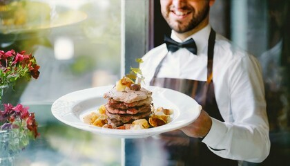 Waiter carrying plates with meat dish on some festive event, party or wedding reception restaurant.