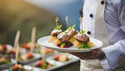 Waiter carrying plates with meat dish on some festive event, party or wedding reception restaurant.