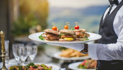 Waiter carrying plates with meat dish on some festive event, party or wedding reception restaurant.