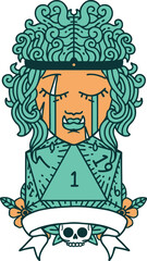 crying orc barbarian character with natural one D20 roll illustration