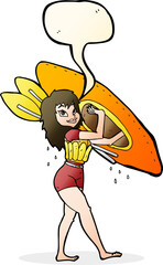 cartoon woman carrying canoe with speech bubble