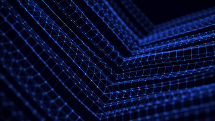 Modern straight blue structure or particles. The futuristic digital abstract network connection background. Big data visualization. 3D rendering.