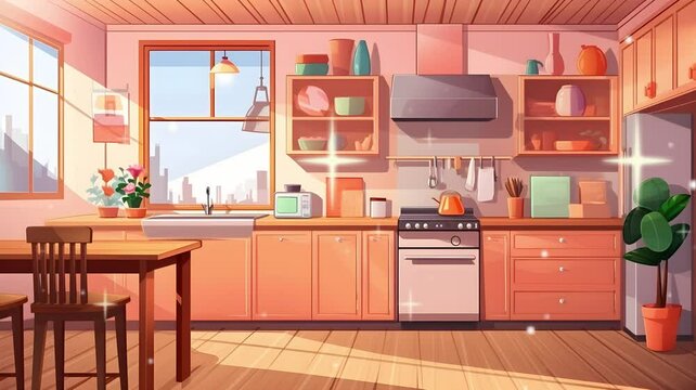 Minimalist kitchen interior design with wooden materials and beautiful decoration in the morning. Cartoon or anime illustration style. seamless looping 4K time-lapse virtual video animation background