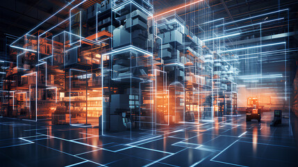  Futuristic technology. Digitalization of Industry process, retail warehouse.