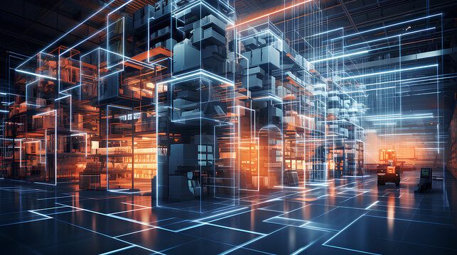  Futuristic technology. Digitalization of Industry process, retail warehouse.