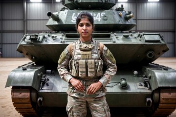 A strong and determined soldier girl standing proudly in front of an armored vehicle