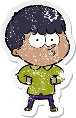distressed sticker of a cartoon curious boy