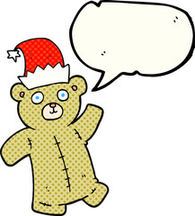 comic book speech bubble cartoon teddy bear wearing christmas hat