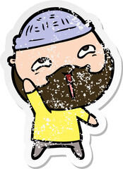 distressed sticker of a cartoon happy bearded man