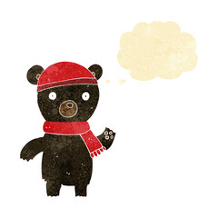 cartoon waving black bear with thought bubble