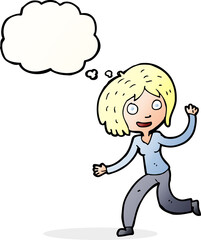 cartoon happy waving girl with thought bubble