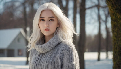 Young Blonde Woman in Grey Sweater Among Snowy Trees - Emotional Moment in Winter Forest