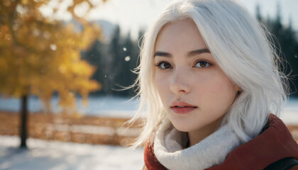 Young Blonde Woman with Silver Hair Posing in a Winter Forest - Emotional Innocence Amidst Snowy Trees and Sunshine