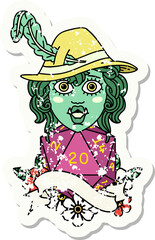 singing half orc bard character with natural twenty dice roll grunge sticker