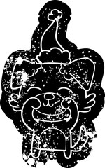 cartoon distressed icon of a dog wearing santa hat