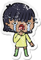 distressed sticker of a cartoon girl crying