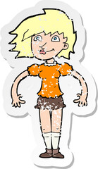 retro distressed sticker of a cartoon happy woman