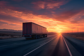 Semi Truck Driving Down Highway at Sunset - obrazy, fototapety, plakaty