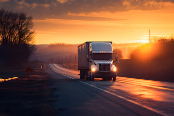 Semi Truck Driving on Road at Sunset