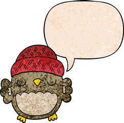 cute cartoon owl in hat and speech bubble in retro texture style