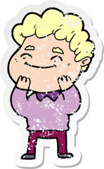 distressed sticker of a cartoon friendly man