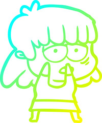 cold gradient line drawing cartoon tired woman