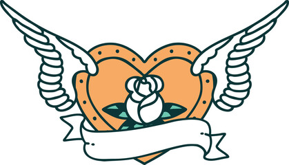 tattoo style icon of a flying heart with flowers and banner