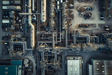 Aerial View of Industrial Factory With Numerous Pipes