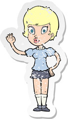 retro distressed sticker of a cartoon pretty girl waving