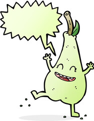 cartoon happy dancing pear with speech bubble