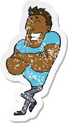retro distressed sticker of a cartoon muscle guy