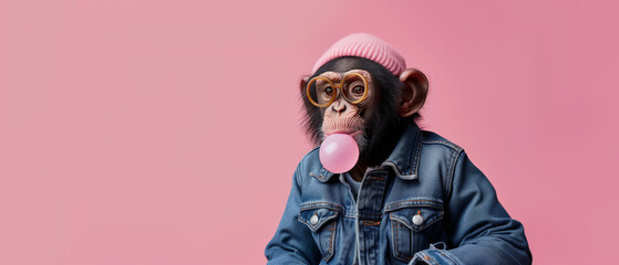 anthropomorphic monkey in denim clothes makes bubble gum bubbles, graphic illustration, copy space - obrazy, fototapety, plakaty