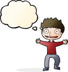 cartoon grinning boy with thought bubble
