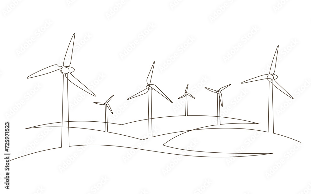 Wall mural hilly landscape with wind farm turbines energy continuous one line icon drawing. renewable source gr