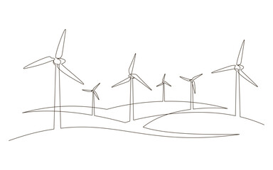 Hilly landscape with wind farm turbines energy continuous one line icon drawing. Renewable source green energy concept vector illustration. Contour one line sign for innovation, environment design