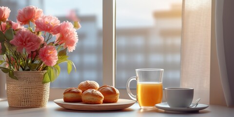 minimalistic design A Mother's Day arrangement with tea and scones in front of a bright window - obrazy, fototapety, plakaty
