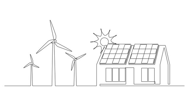 Wind farm turbine, house solar panel with sun continuous one line icon drawing.  Energy of sun with ecology home power station vector illustration in doodle style. Contour line sign for innovation