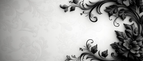 black white background with golden swirl and flowers and place for text