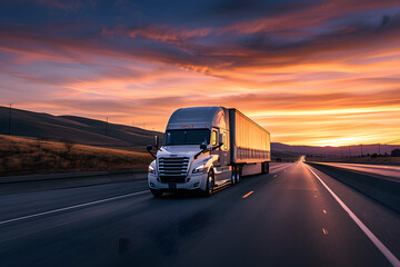 Semi Truck Driving Down Highway at Sunset