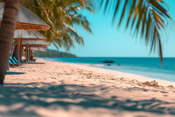 Fototapeta na wymiar Sandy Beach With Palm Trees and Umbrellas