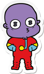 sticker of a cartoon weird bald spaceman